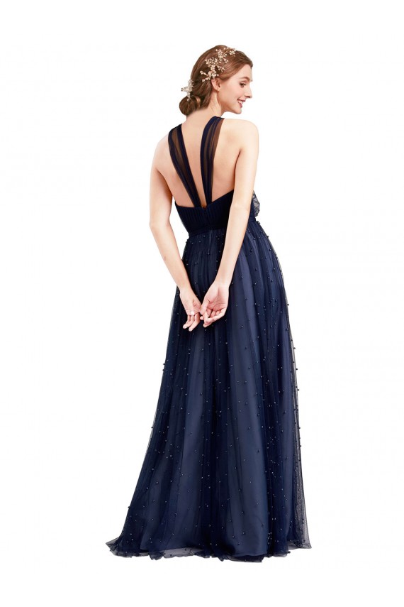 Compre Azul Marino 21 línea A Halter Tul Largo Vestidos de dama de honor