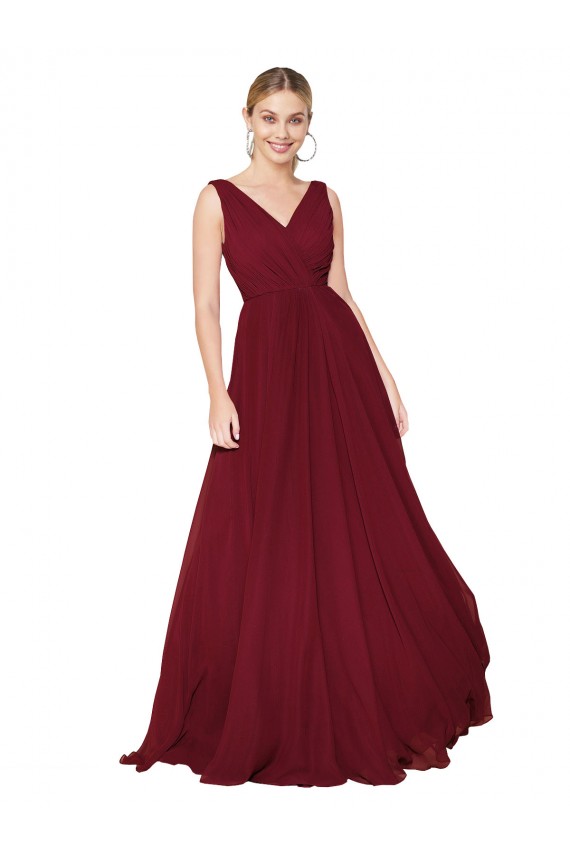 Compre Borgoña línea A Cuello en V Cuello Alto Gasa Largo Formales Vestidos de dama de honor / Vestidos de fiesta