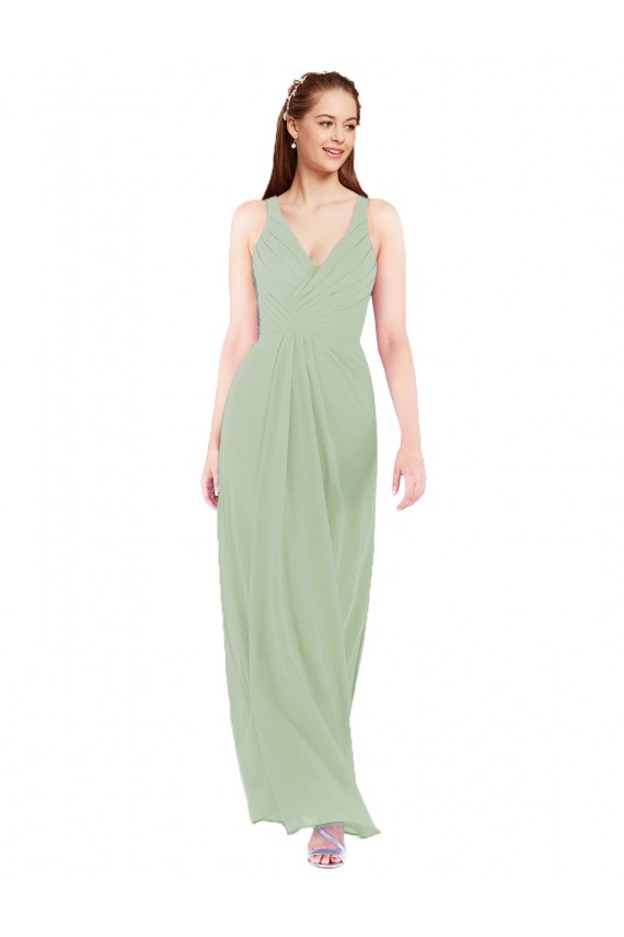 Compre Humo Verde Cubierta Cuello en V Gasa Largo Vestidos de dama de honor