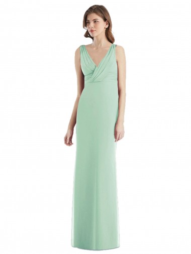 Compre Menta Verde Trompeta Cuello en V Gasa Largo Vestidos de dama de honor