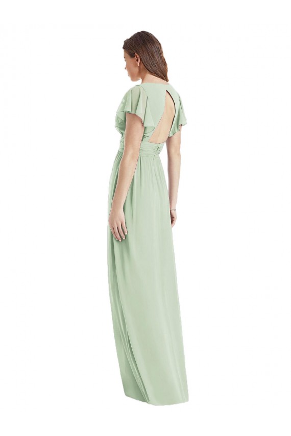 Compre Verde Salvia Trompeta Cuello en V Gasa Largo Vestidos de dama de honor
