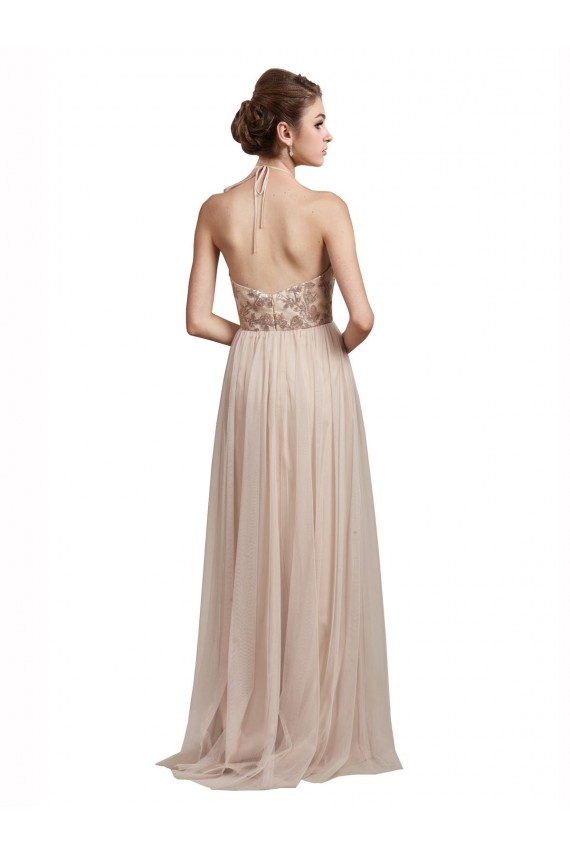 Compre línea A Halter Tul Largo Vestidos de dama de honor